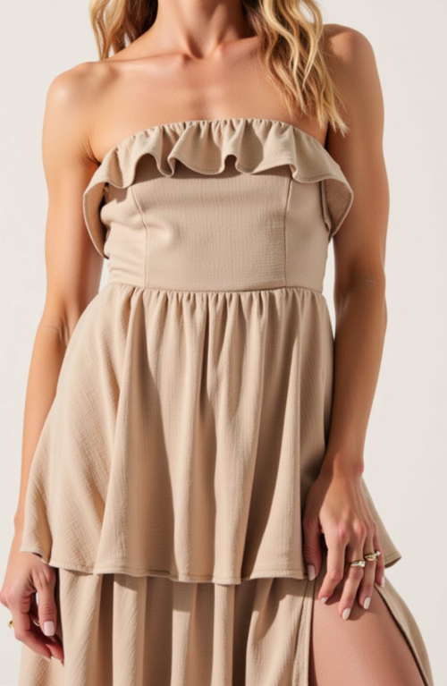 Modenaire Strapless Tiered Ruffle Maxi Dress With High Slit In Beige