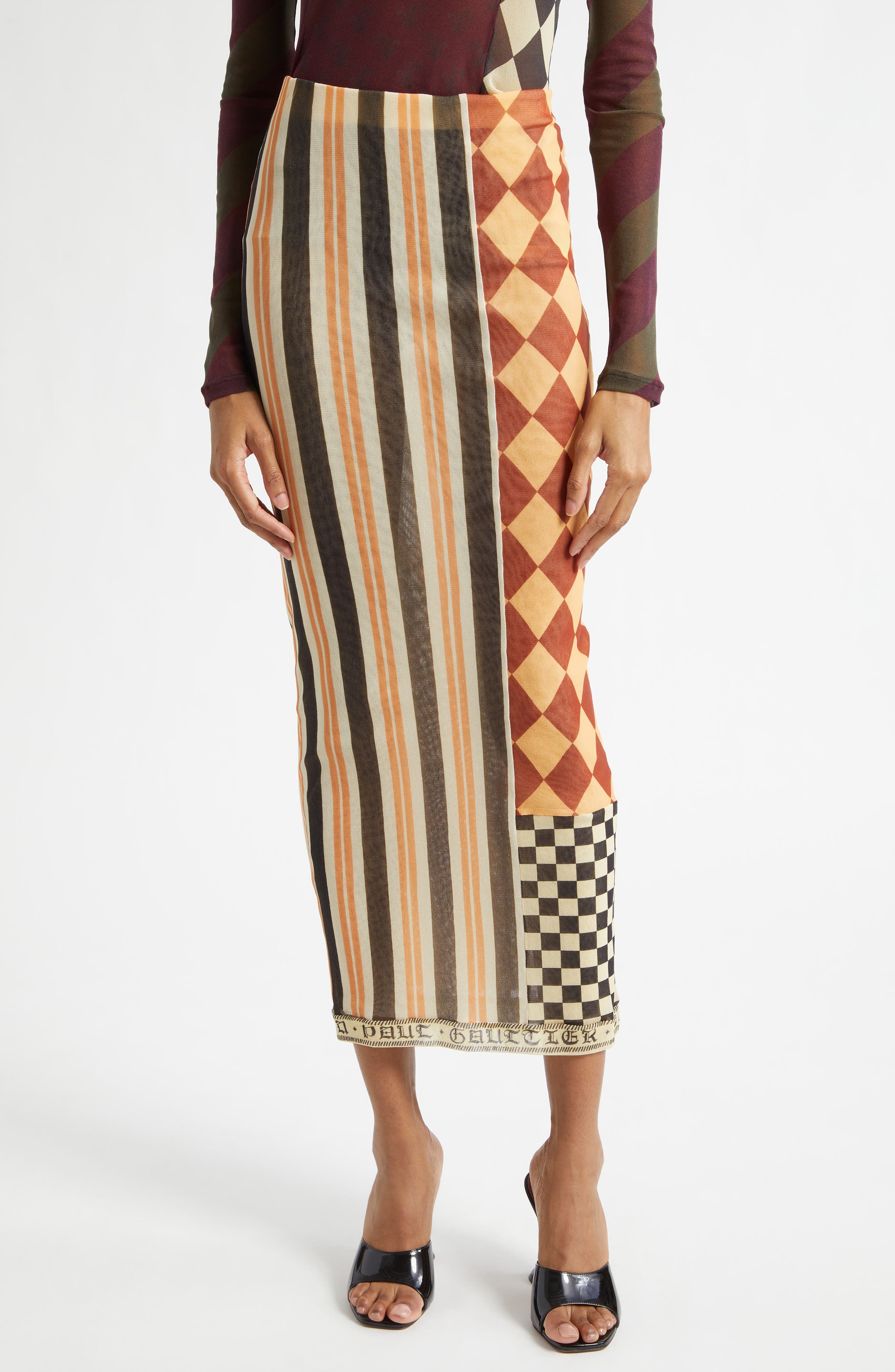 Patchwork Print Mesh Maxi Skirt