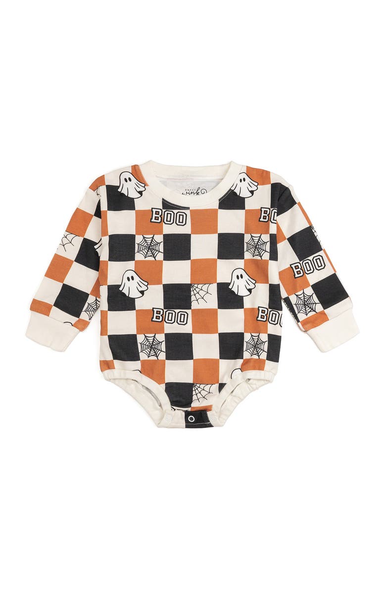 Sweet Wink Boo Checkered Halloween Long Sleeve Romper, Main, color, 