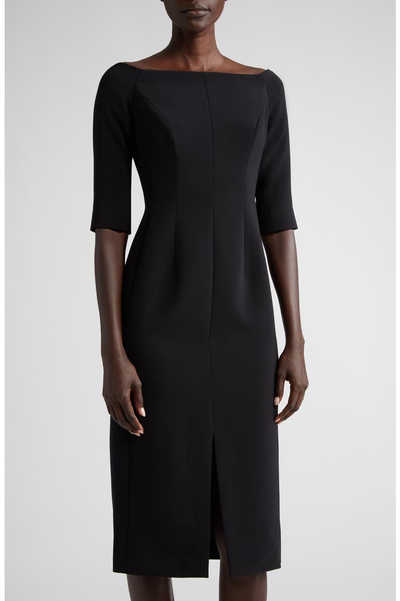 Off the Shoulder Crepe Sheath Dress, Alternate, color, BLACK