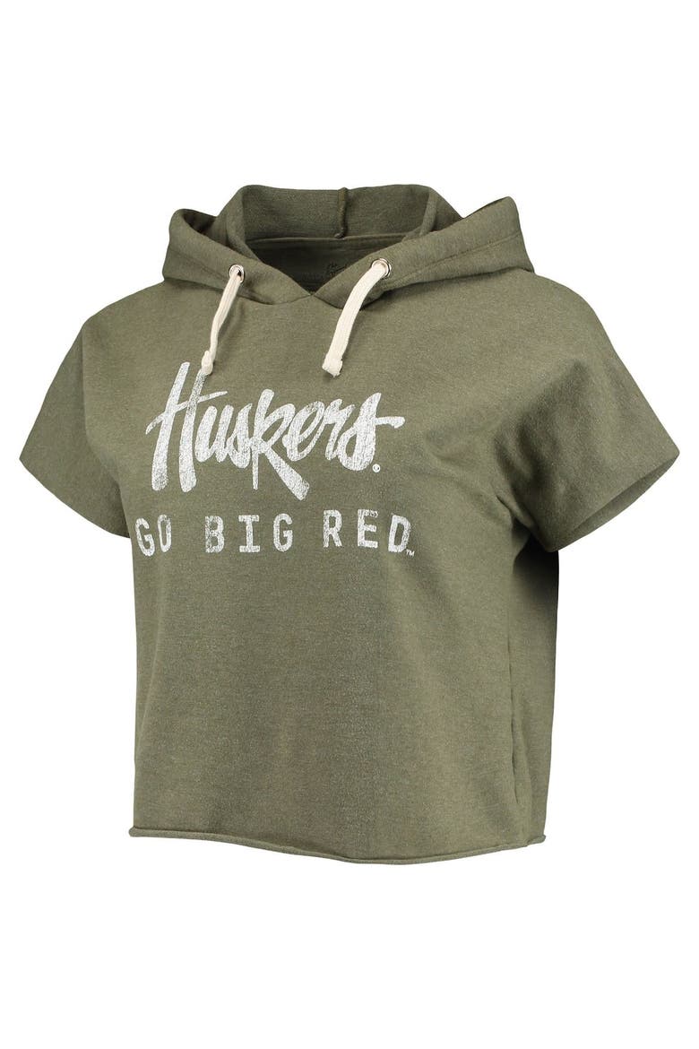 Women's Original Retro Brand Olive Nebraska Huskers Cropped Tri-Blend Short Sleeve Pullover Hoodie, Alternate, color, Olive