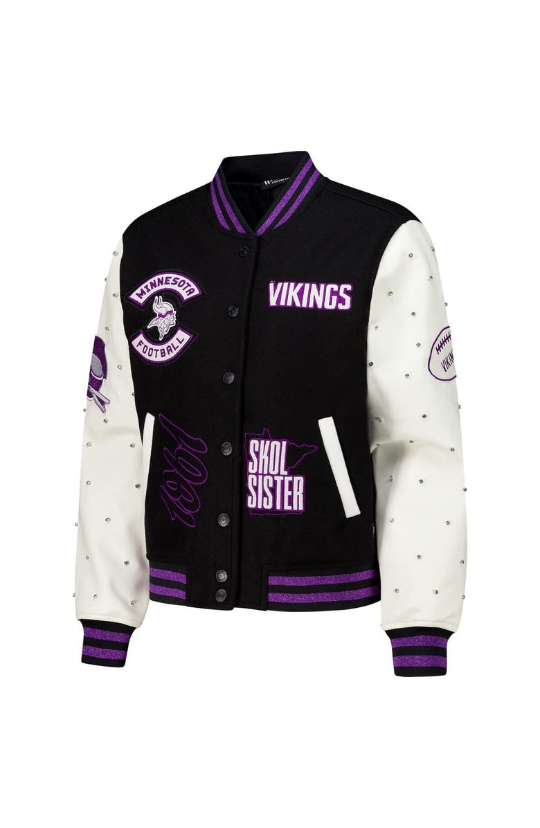 THE WILD COLLECTIVE Women's The Wild Collective Black Minnesota Vikings Varsity Full-Snap Sparkle Jacket, Alternate, color,