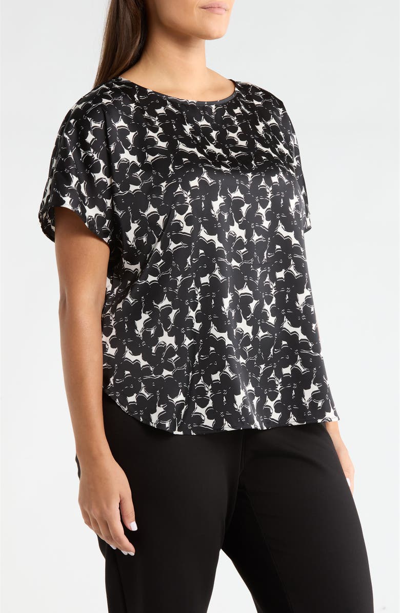 Anne Klein Floral Satin Top, Alternate, color, Anne Black/ White Dove
