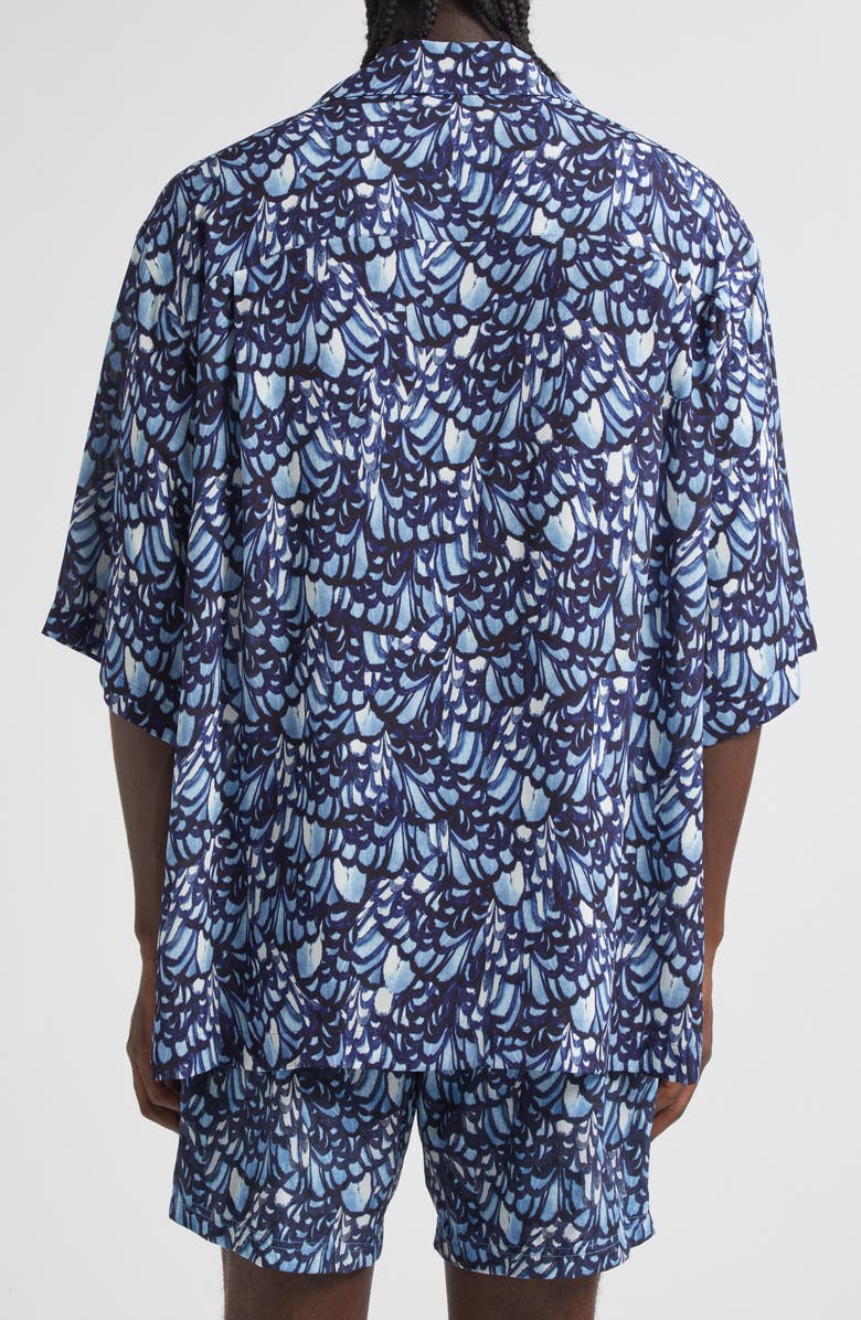 McQueen Feather Print Boxy Camp Shirt, Alternate, color, Blue