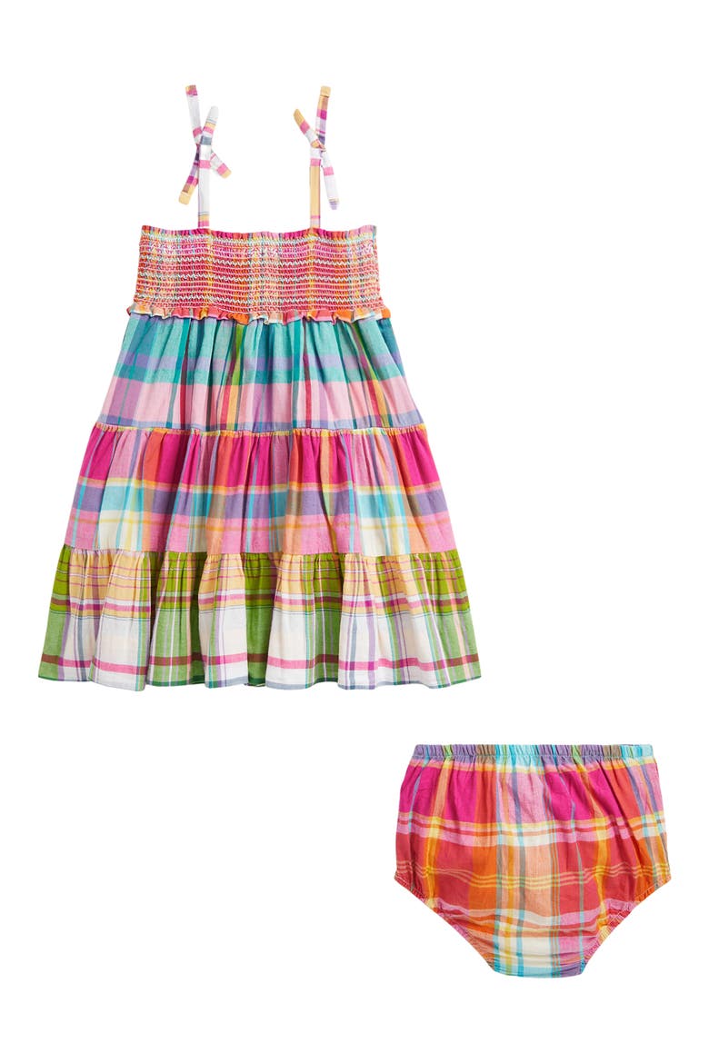 Madras Plaid Tiered Cotton Sundress & Bloomers, Alternate, color, MULTI