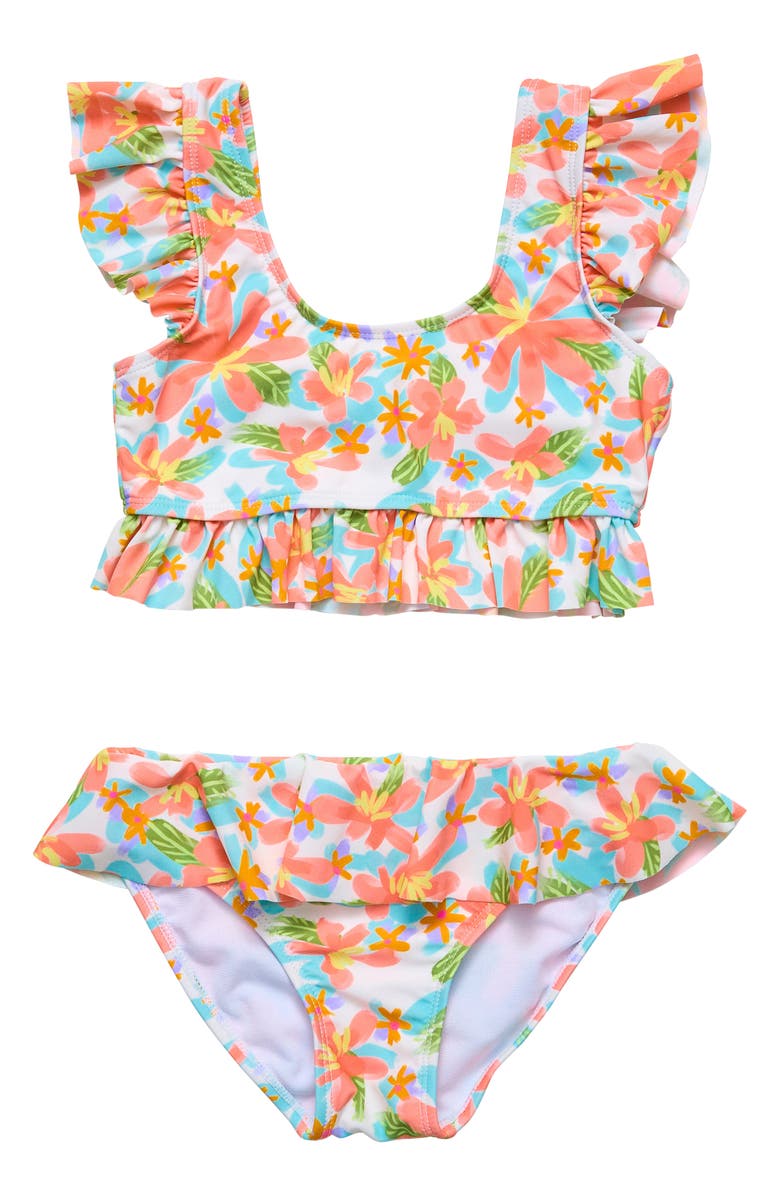 Snapper Rock Kids' Floral Ruffle Two-Piece Swimsuit, Main, color, Ivory Multi