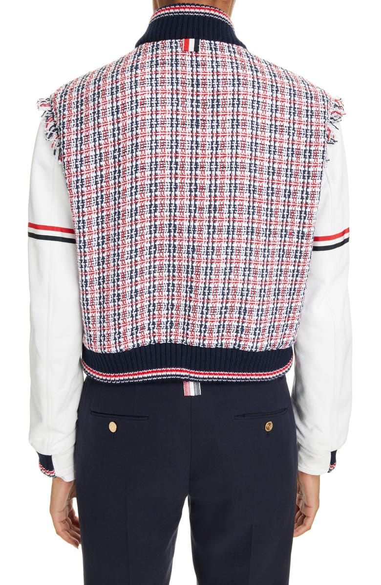 Thom Browne Check Tweed & Leather Varsity Jacket, Alternate, color, 