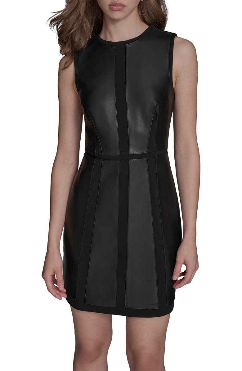 BCBG Faux Leather Mixed Media Minidress, Alternate, color, Black/ Black