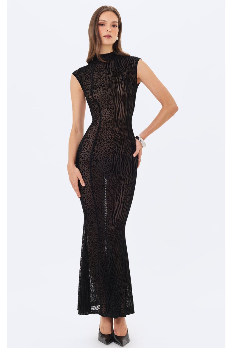 Tyanna Backless Burnout Velvet Mesh Maxi Dress, Main, color, Black
