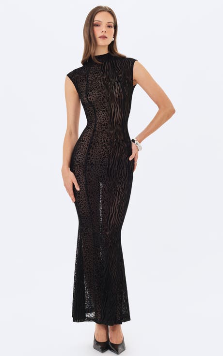 Tyanna Backless Burnout Velvet Mesh Maxi Dress