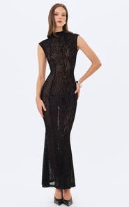 Miss Circle Tyanna Backless Burnout Velvet Mesh Maxi Dress
