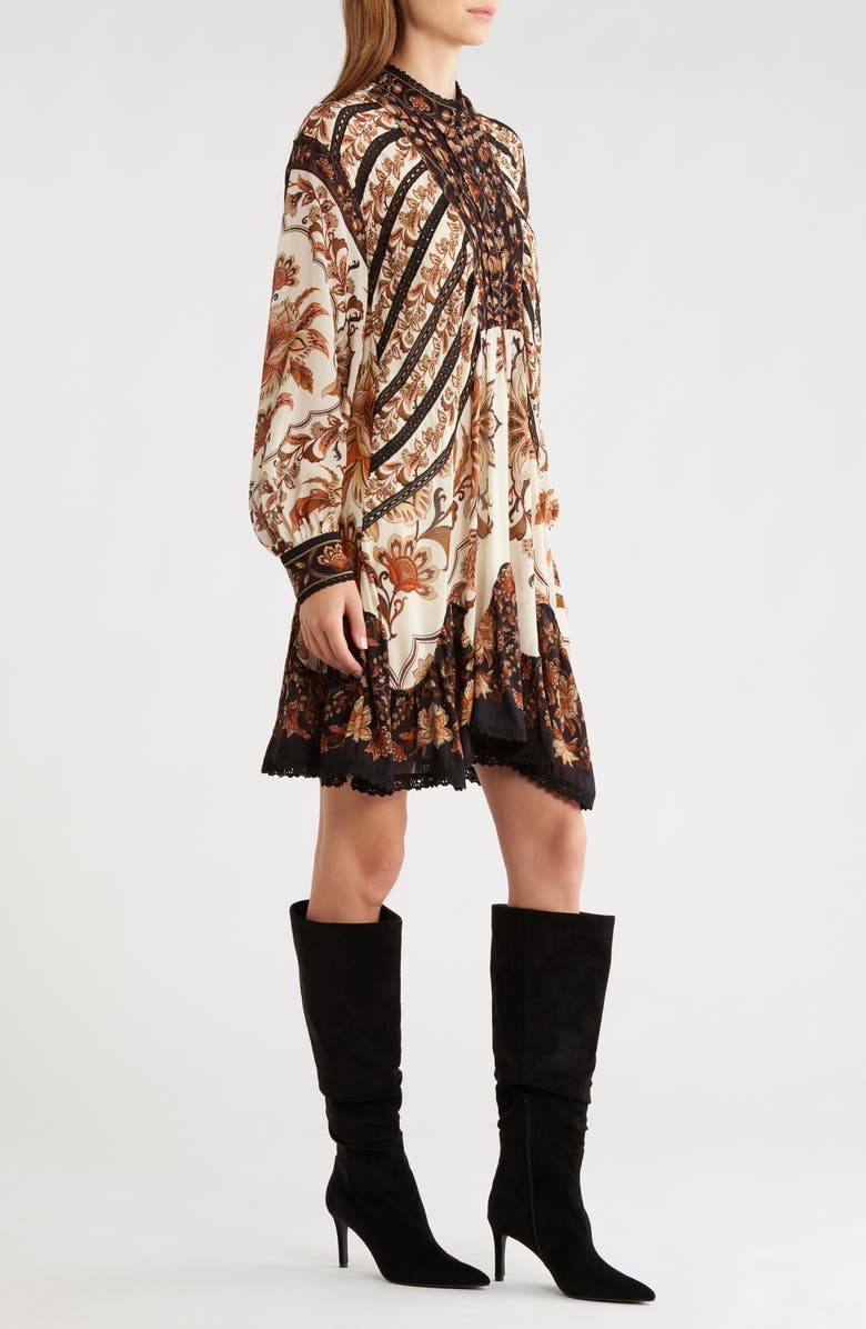 FARM Rio Majestic Garden Long Sleeve Lace Insets Trapeze Dress, Alternate, color, Sand