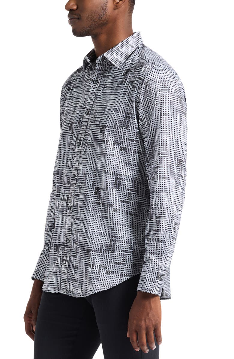 Robert Graham Berkley Geo Pattern Stretch Cotton Button-Up Shirt, Alternate, color, Light Grey