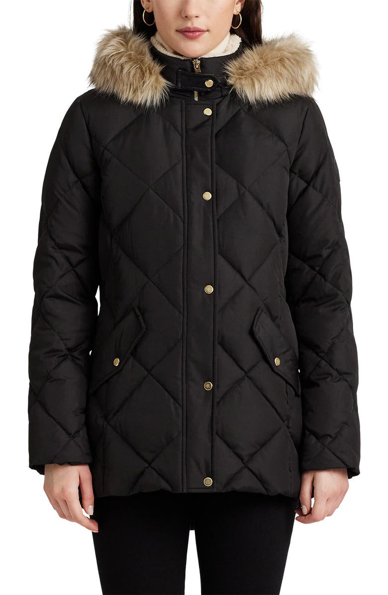 Lauren Ralph Lauren Diamond Faux Fur Trim Quilted Down & Feather Fill Hooded Puffer Coat, Alternate, color, 