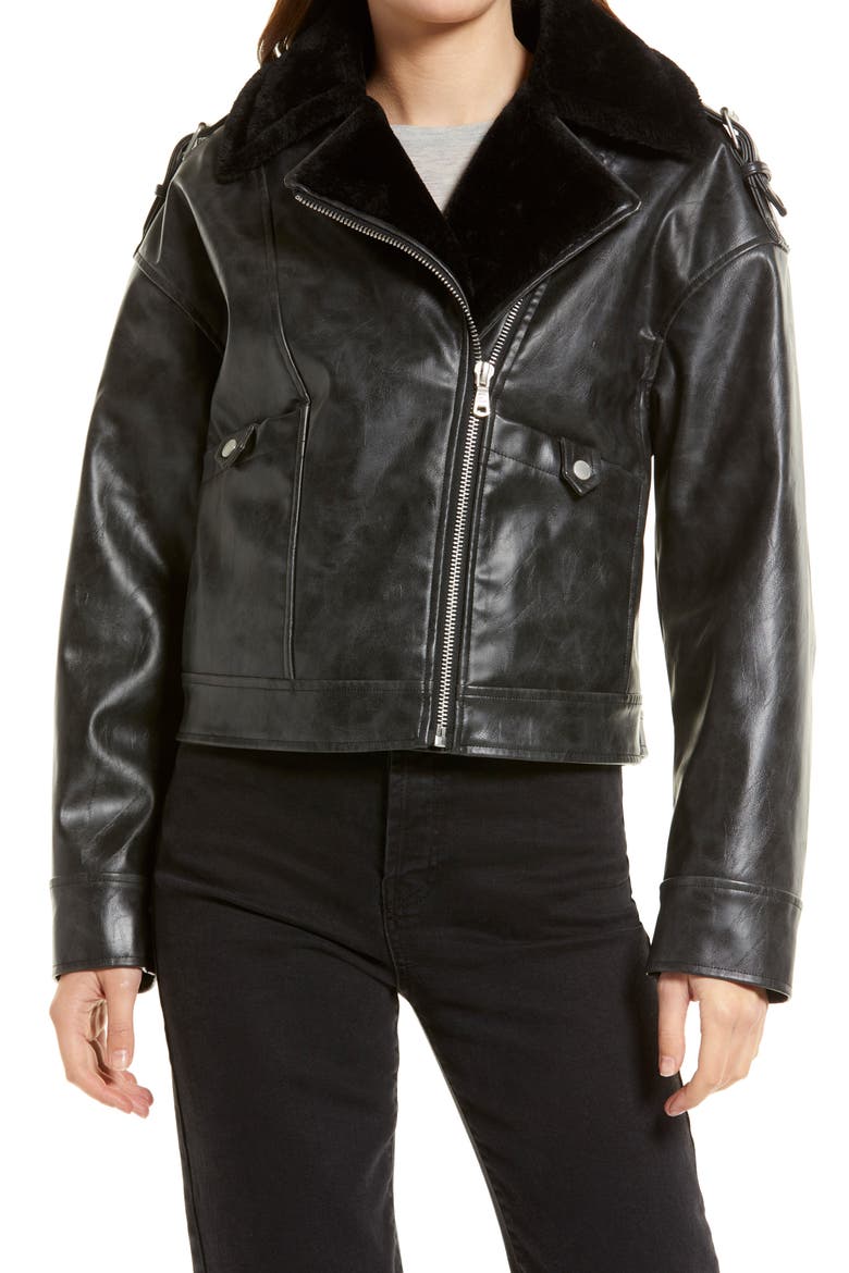 Faux Shearling Moto Jacket, Alternate, color, BLACK