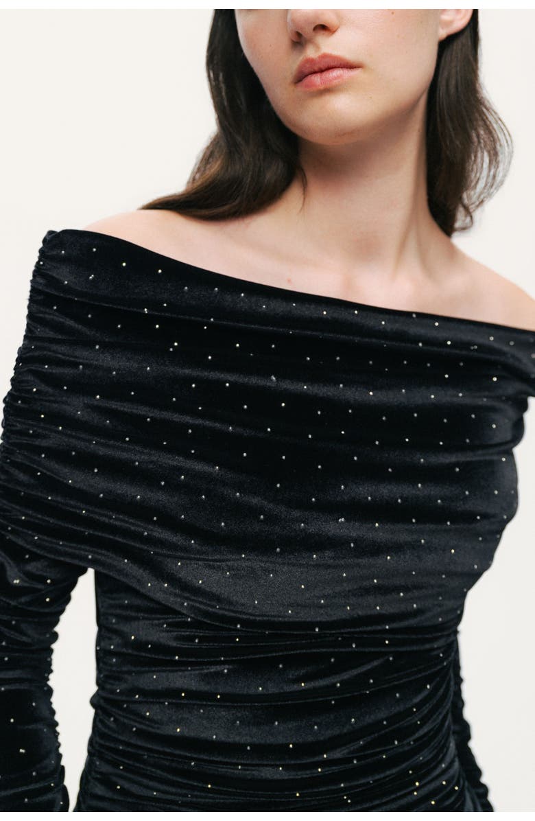 Nocturne Off-Shoulder Velvet Maxi Dress with Rhinestone Detail, Alternate, color, Black