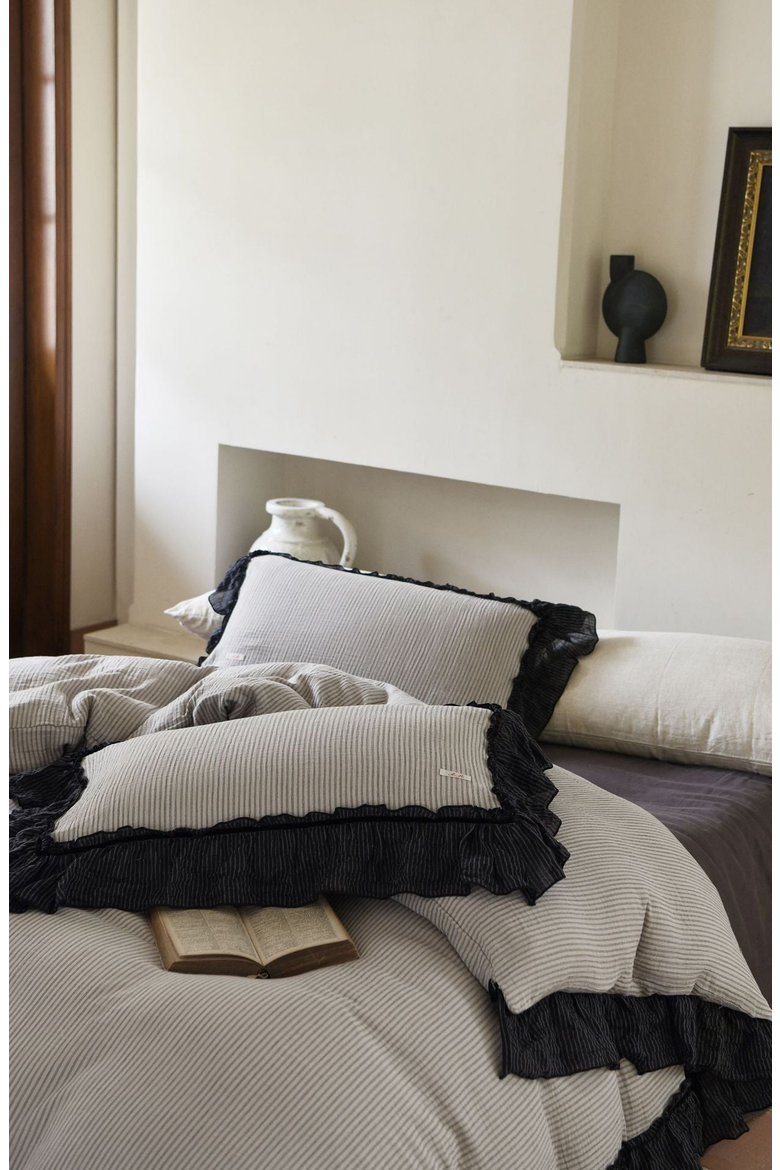 Stripe Ruffle Lace Bedding Set, Alternate, color, Gray Stripe / Ruffle