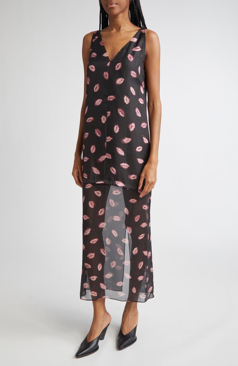 Altuzarra Katrin Lip Print Silk Chiffon Dress, Alternate, color, Black Kisses