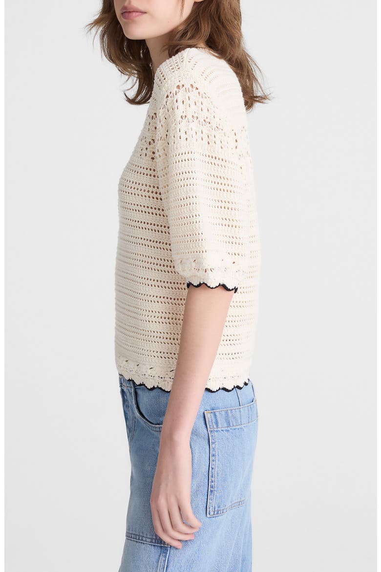 Puff-Sleeve Cotton Sweater T-Shirt, Alternate, color, IVORY WITH BLACK TIPPING
