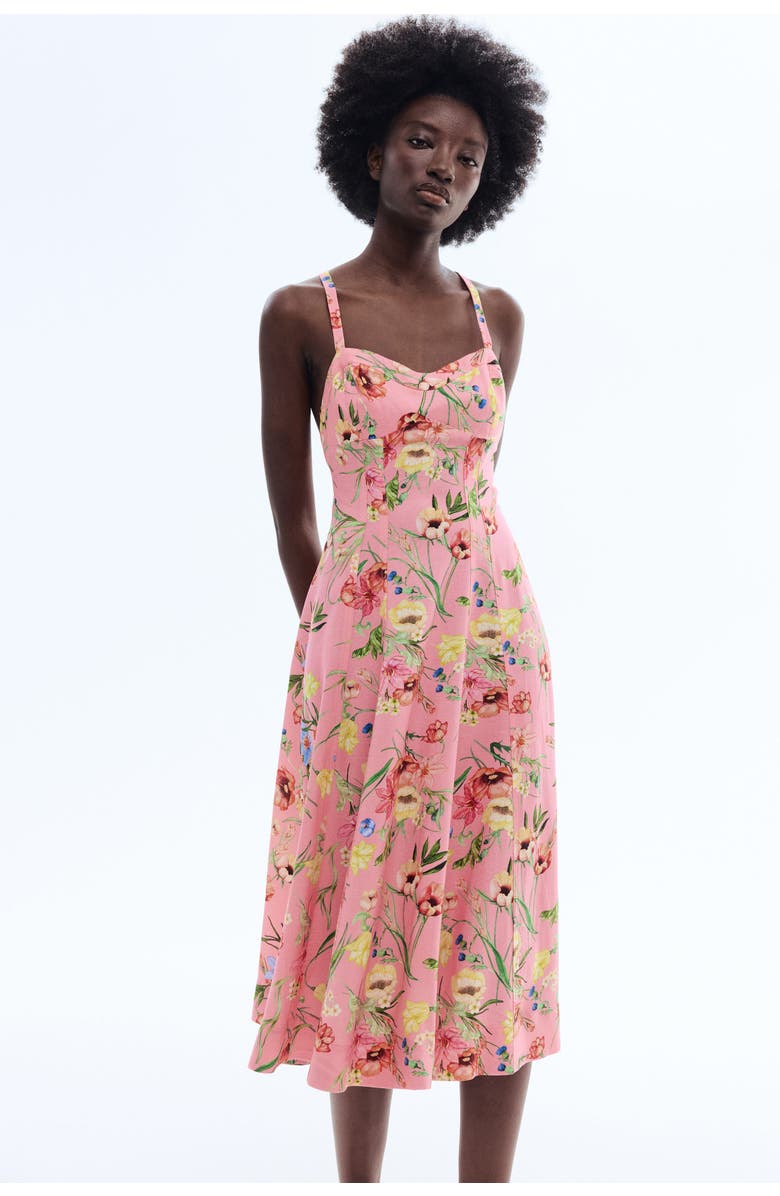 H&M Flared Linen-blend Dress, Alternate, color, Light Pink/Floral