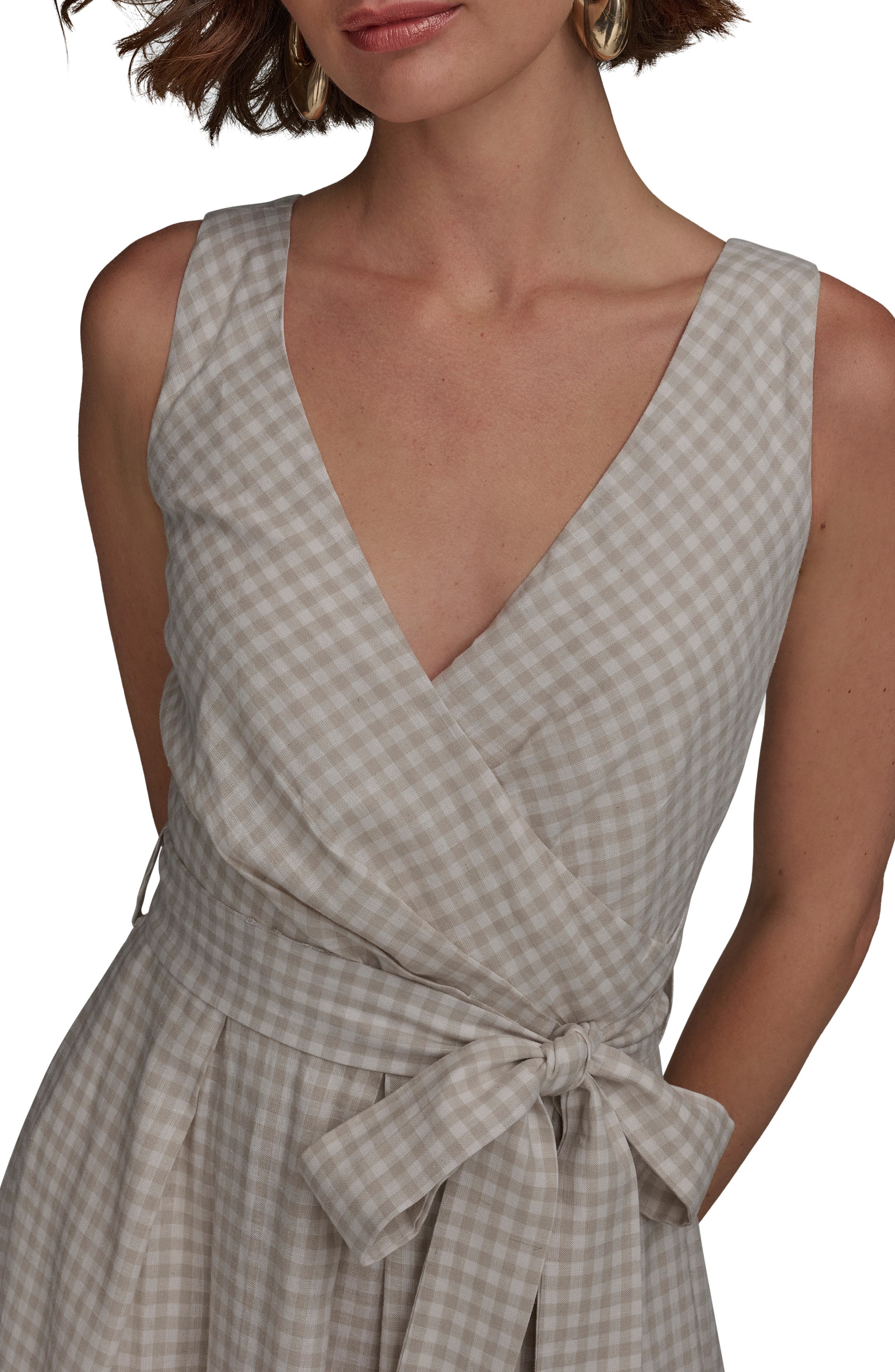 gingham linen midi wrap dress Donna Karan Women's Linen-Blend Gingham Midi Wrap Dress in Tuscan Grey/Cream