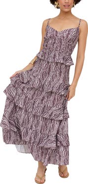Raffya Tangiers Tiered Line Print Maxi Dress