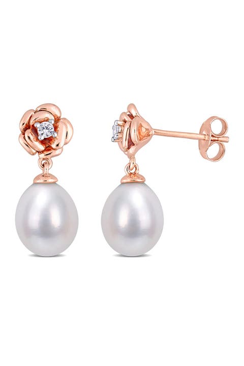 Created White Sapphire & Cultured Freshwater Pearl Earrings