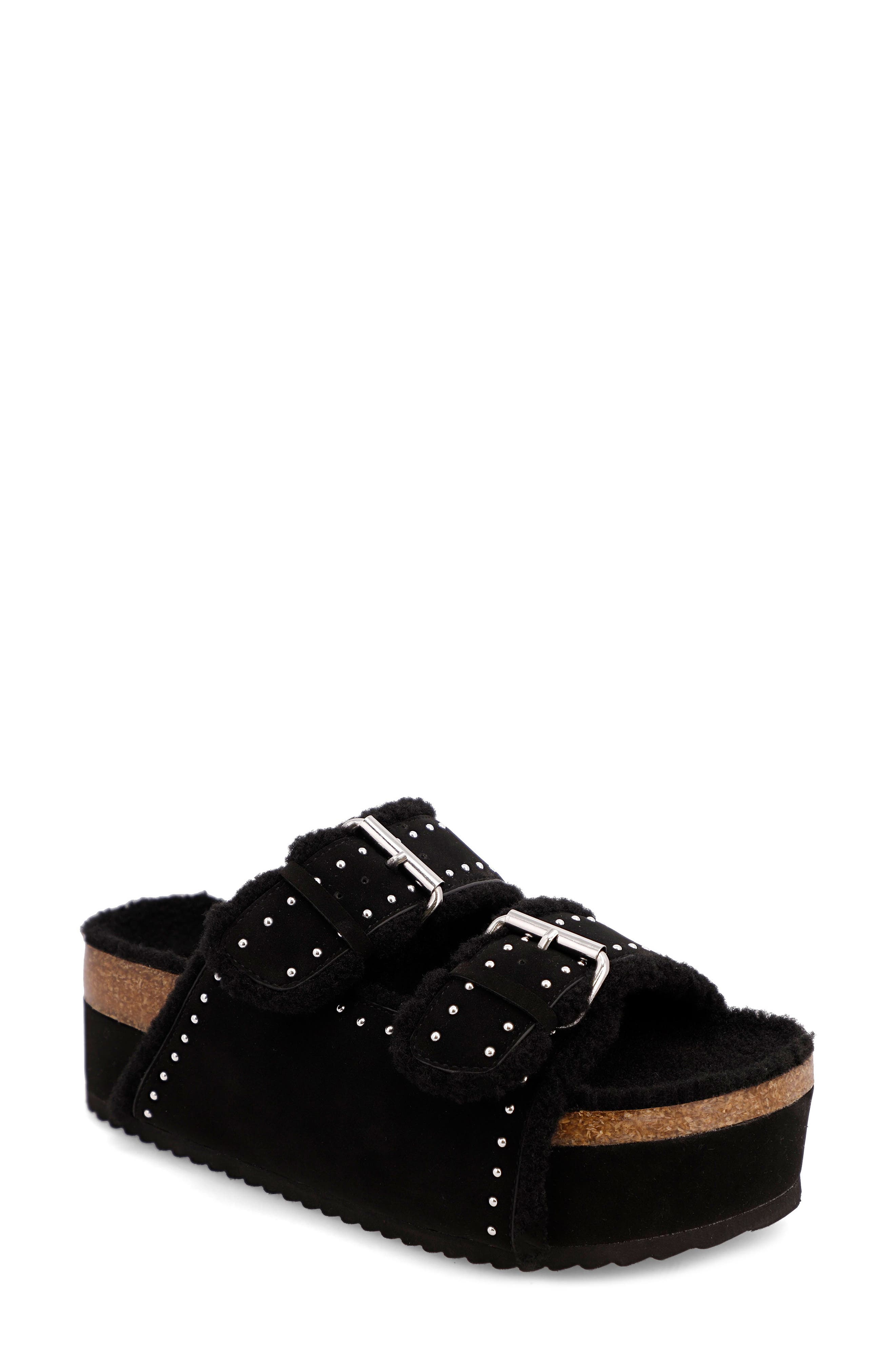 MIA Brookie Faux Shearling Platform Slide Sandal, Main, color, Black