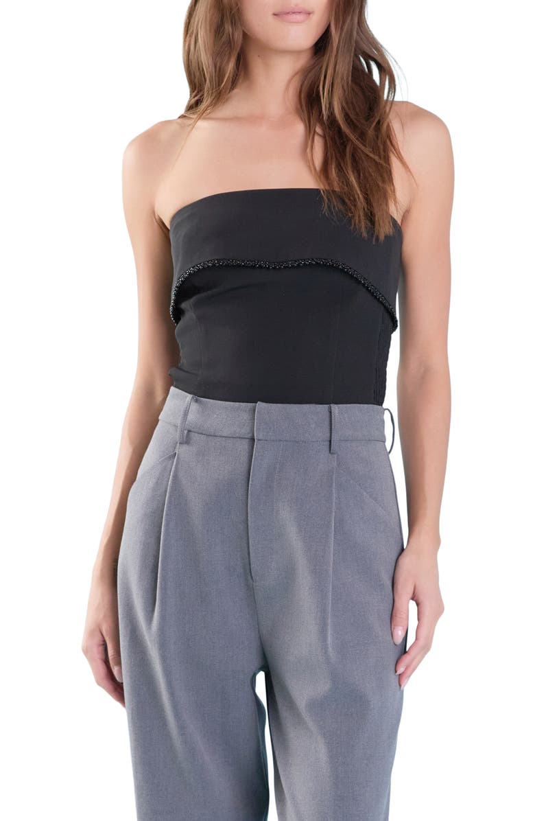 Endless Rose Strapless Pearl Bead Trim Foldover Top, Main, color, Black