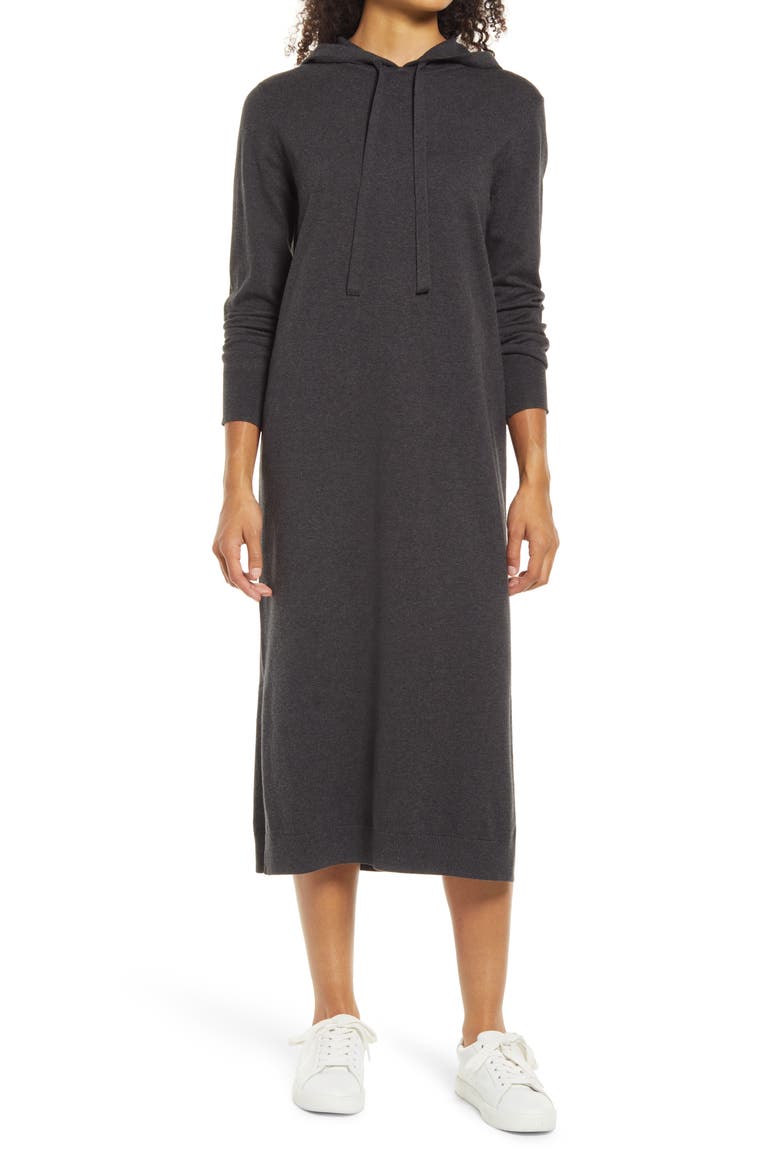 Hooded Midi Sweater Dress, Main, color, GREY DARK CHARCOAL HEATHER