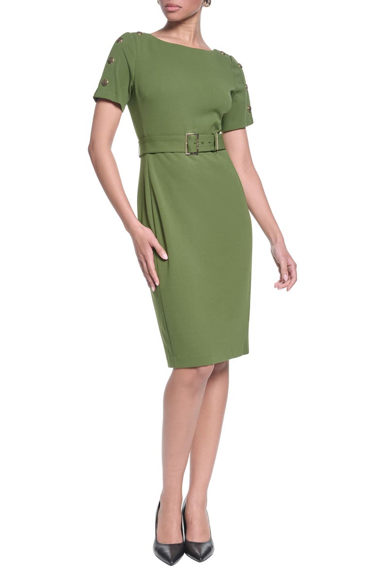 Belted Scuba Crepe Sheath, Main, color, OLIVER GREEN