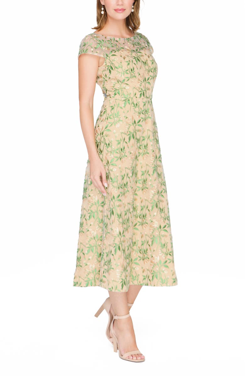 JS Collections Sulllivan Floral Embroidery Cocktail A-Line Dress, Alternate, color, Maize Green