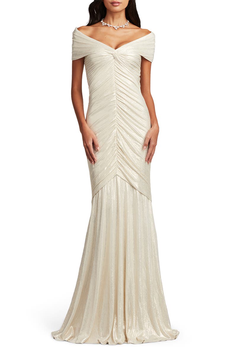 Tadashi Shoji Off the Shoulder Metallic Jersey Gown, Main, color, 