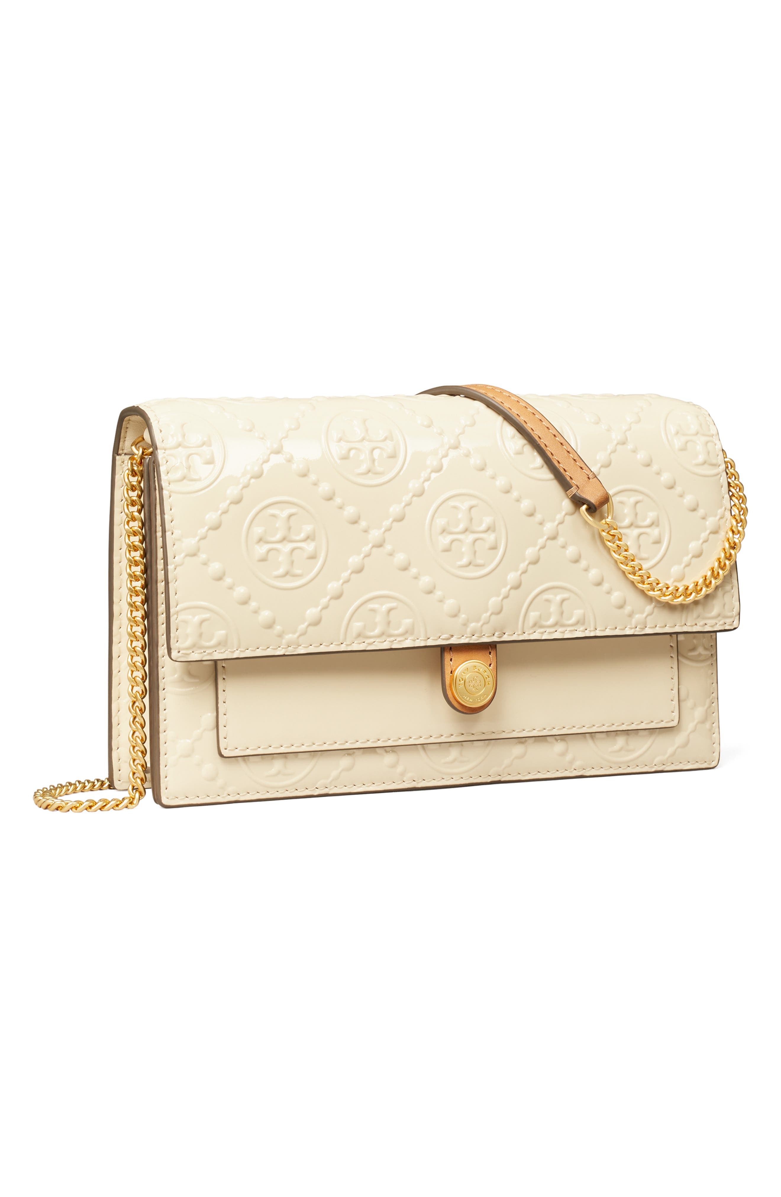 T Monogram Embossed Leather Wallet on a Chain, Alternate, color, LIGHT CREAM