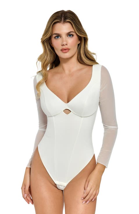 Shapewear Mesh Sleeve Cutout Sweetheart Sculpting Bodysuit