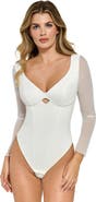 Popilush Shapewear Mesh Sleeve Cutout Sweetheart Sculpting Bodysuit