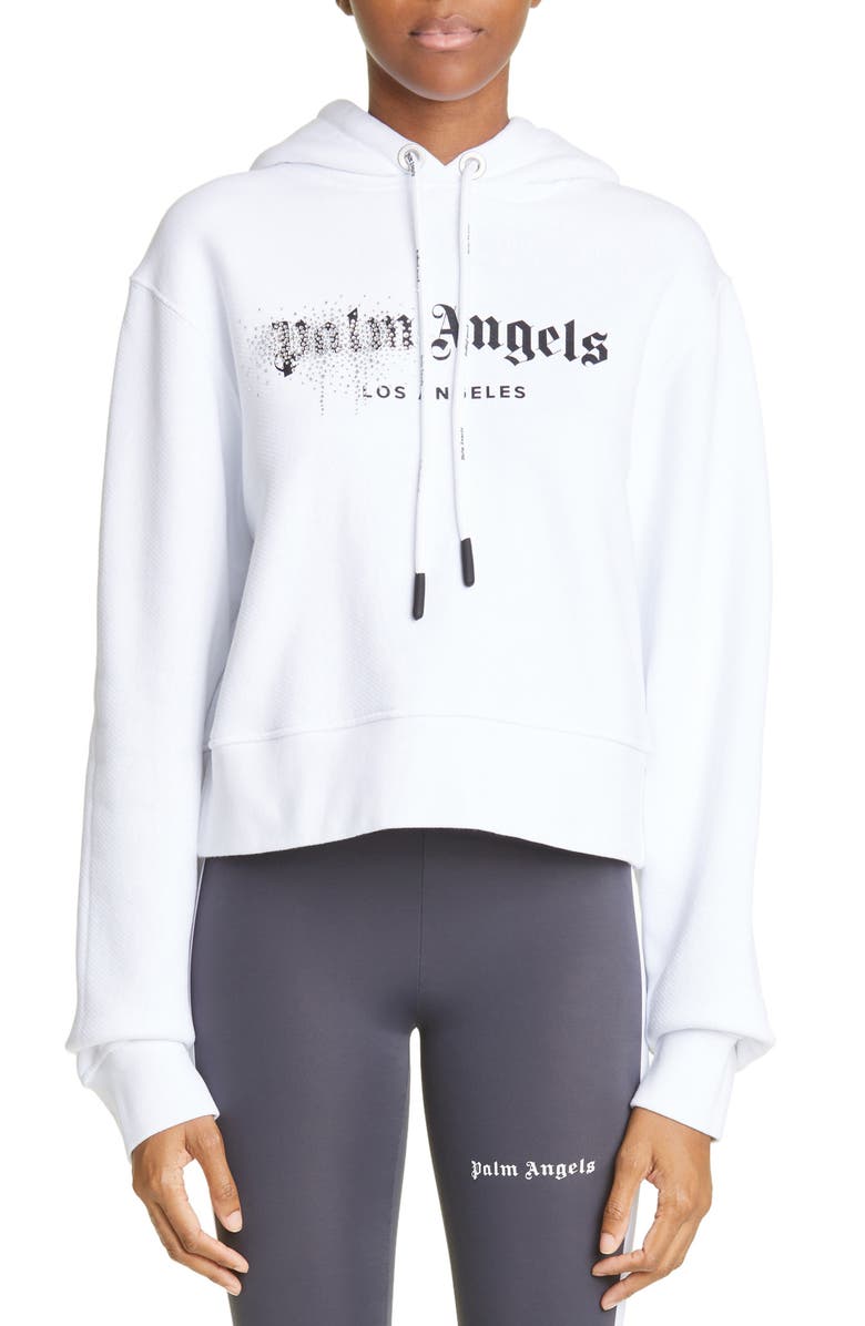 Palm Angels Crystal Spray Logo Graphic Hoodie, Main, color,