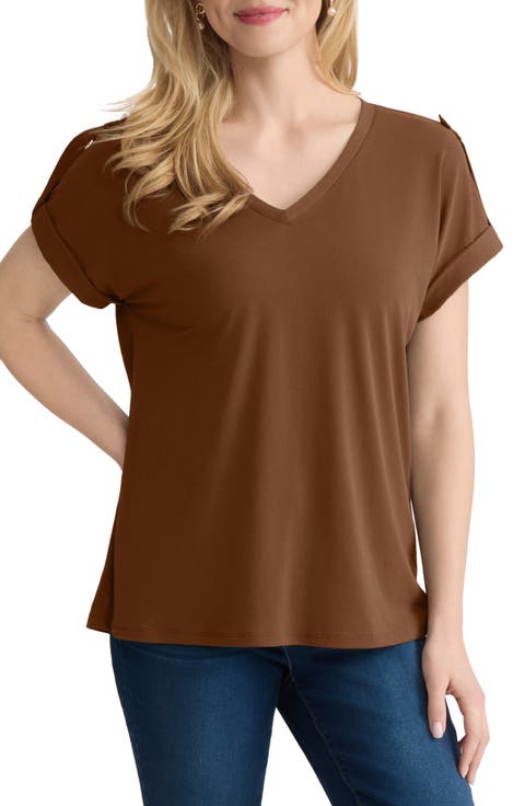 Extended Shoulder Roll Tab Cuff V-Neck T-Shirt