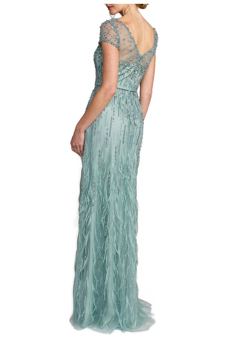 Mac Duggal Embellished Net Short Sleeve Feather Gown, Alternate, color, 