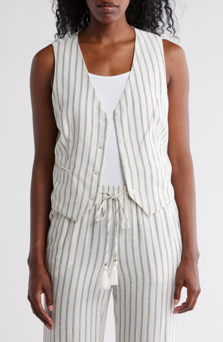 Ellen Tracy Taillored Stripe Button Front Vest, Main, color, Marshmallow/ Navy Stripe