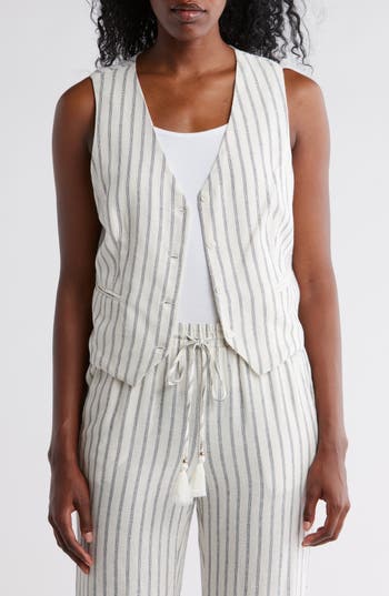 Ellen Tracy Taillored Stripe Button Front Vest In White