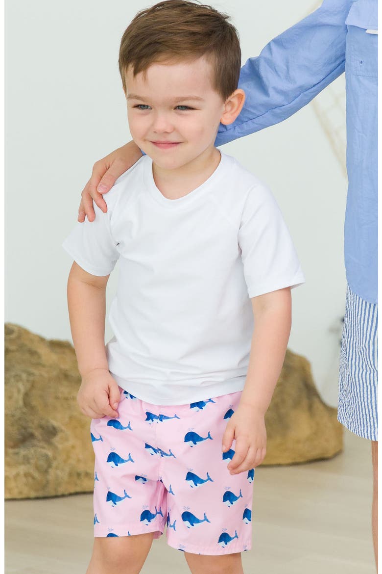 Short Sleeve Rashguard & Whale Print Swim Trunks Set, Alternate, color, PINK