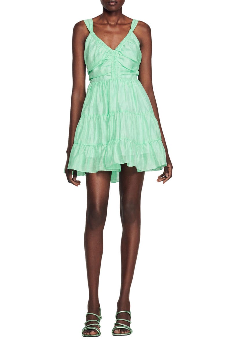 SANDRO Mariella Tie Back Ruffle Minidress, Main, color, Vert