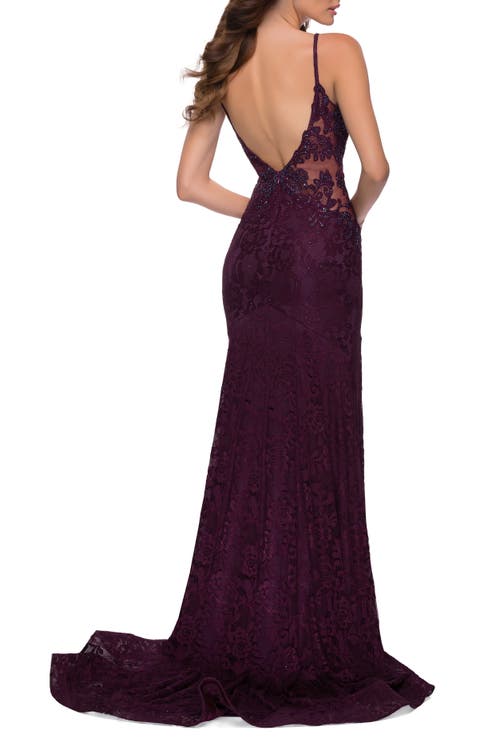 La Femme Chic Long Stretch Lace Gown With Sheer Rhinestone Back In Dark Berry