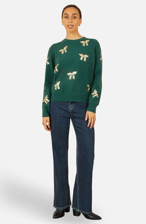 Yumi Sequin Applique Bow Sweater In Green