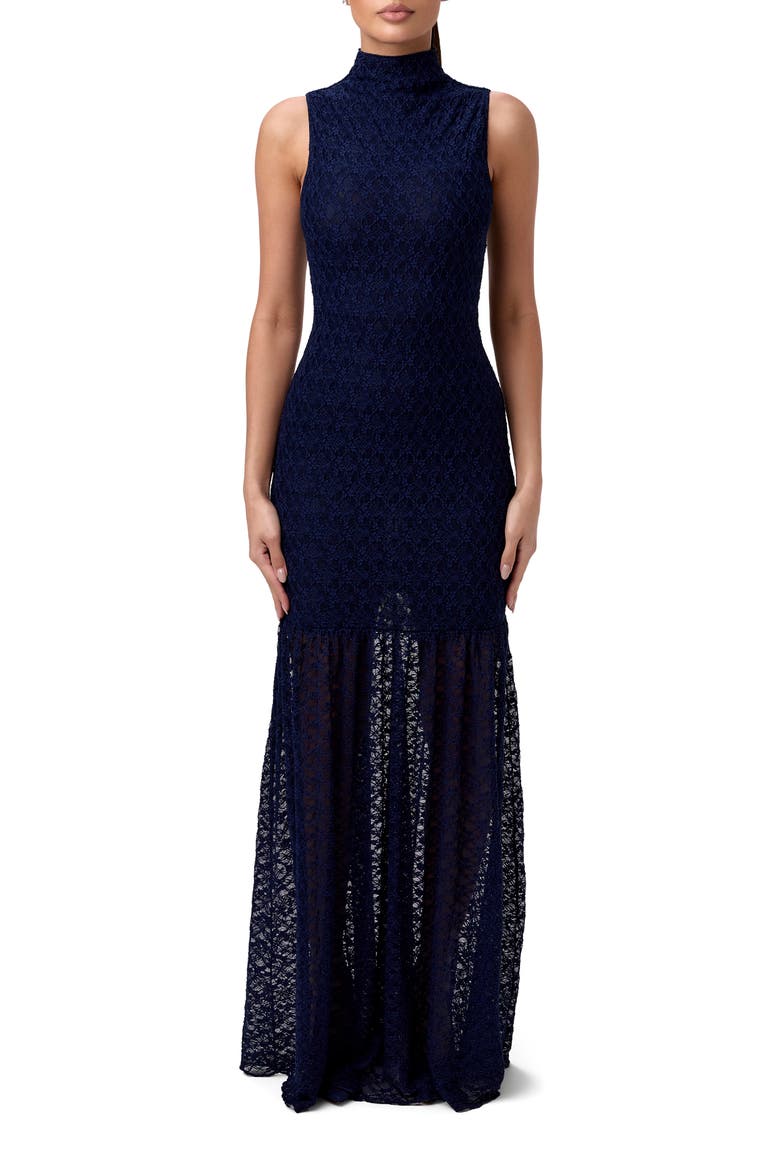 Stretch Lace Trumpet Dress, Main, color, NAVY