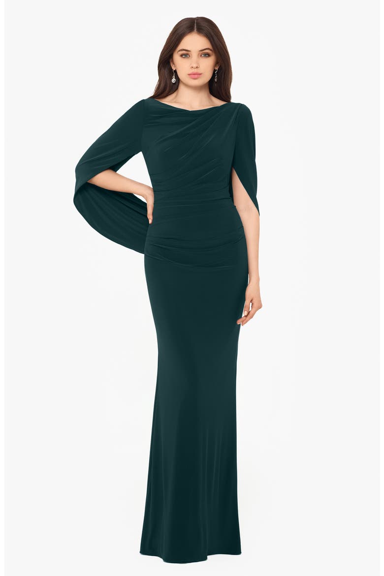 Cape Long Sleeve Trumpet Gown, Alternate, color, FOREST