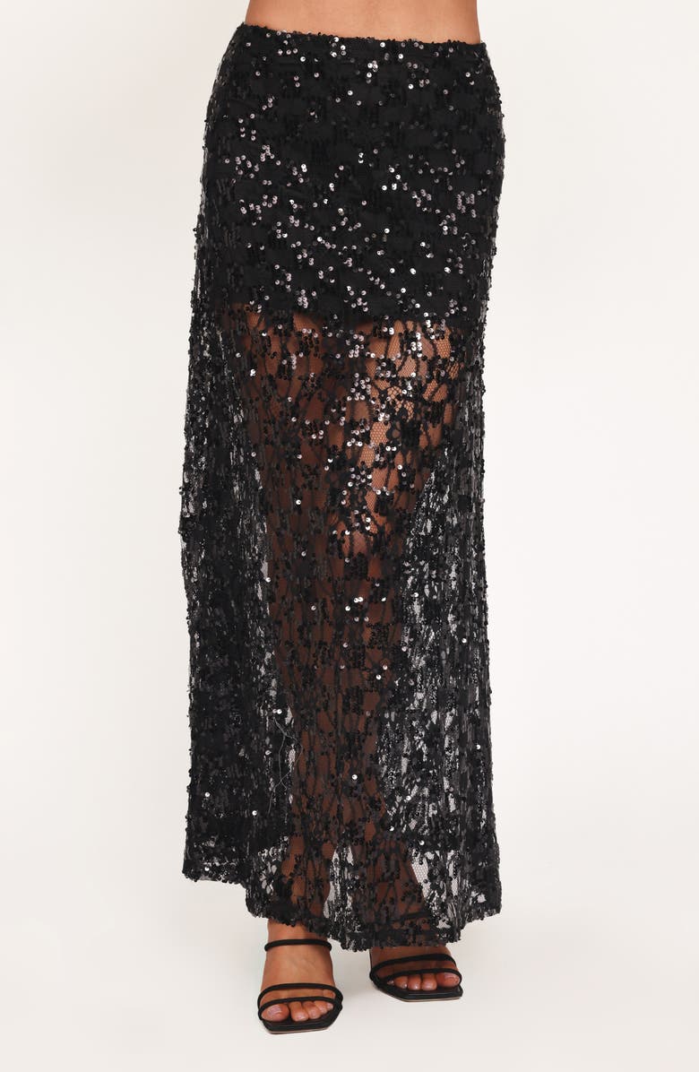 Petal & Pup Yonder Sequin Lace Maxi Skirt, Main, color, Black