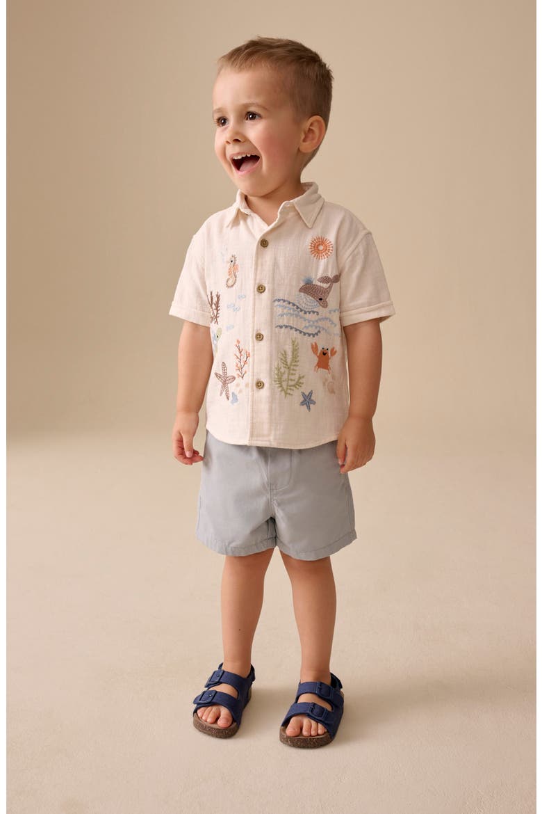 Kids' Embroidered Short Sleeve Cotton Button-Up Shirt, Alternate, color, NEUTRAL