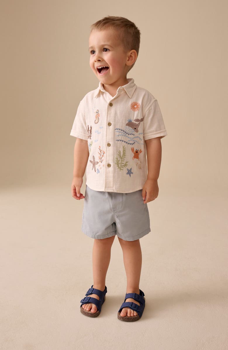 NEXT Kids' Embroidered Short Sleeve Cotton Button-Up Shirt, Alternate, color, Neutral